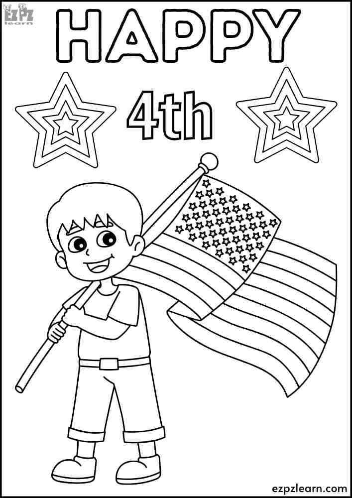 Happy 4th of July. Boy Holding a Flag Coloring Page